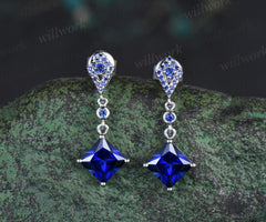 Princess cut blue sapphire earrings 14k white gold kite halo sapphire drop earrings women September birthstone anniversary gift for her