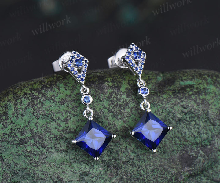 Princess cut blue sapphire earrings 14k white gold kite halo sapphire drop earrings women September birthstone anniversary gift for her