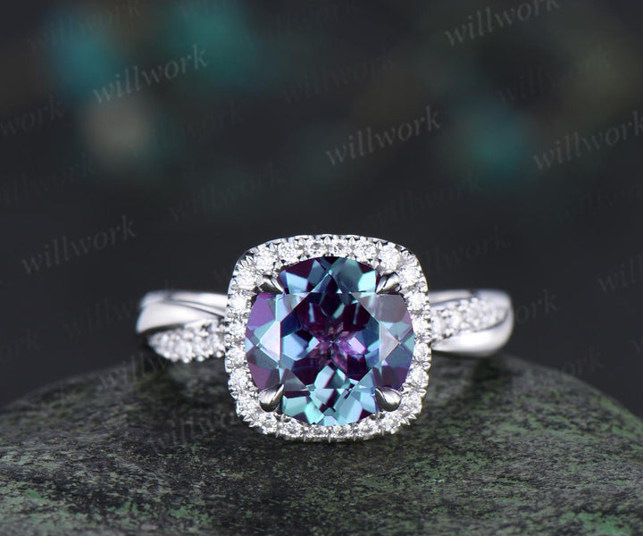 2ct Round cut Alexandrite engagement ring set infinity 3/4 eternity cushion halo diamond bridal wedding ring set 14k white gold jewelry