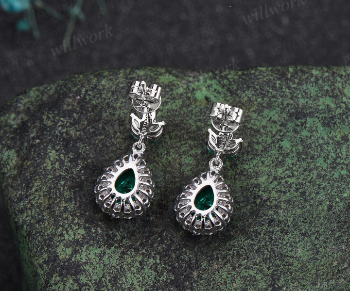 Pear teardrop cut green emerald earrings solid 14k white gold vintage leaf marquise emerald drop earrings women anniversary gift jewelry