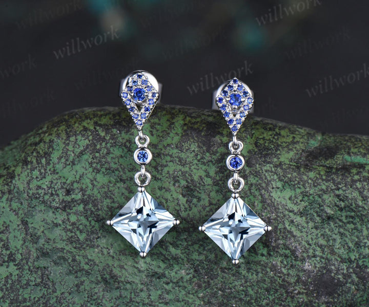 Princess cut aquamarine earrings 14k white gold kite halo sapphire drop earrings women March birthstone anniversary gift for her