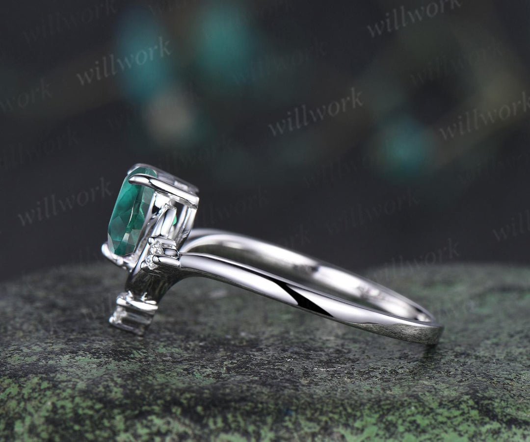 Heart cut emerald ring white gold diamond ring vintage four stone unique moon engagement ring promise wedding ring women dainty gift