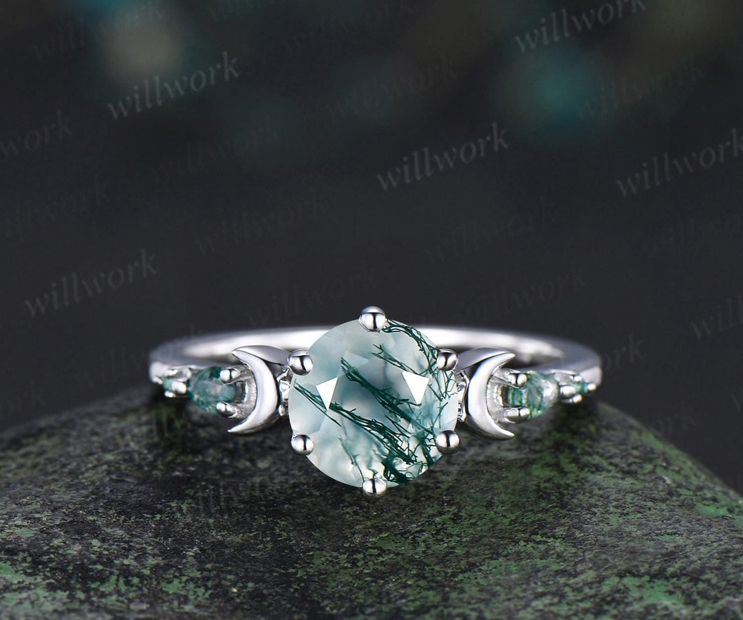 Round natural moss agate ring vintage white gold moon five stone unique engagement ring emerald bezel sun star ring jewelry