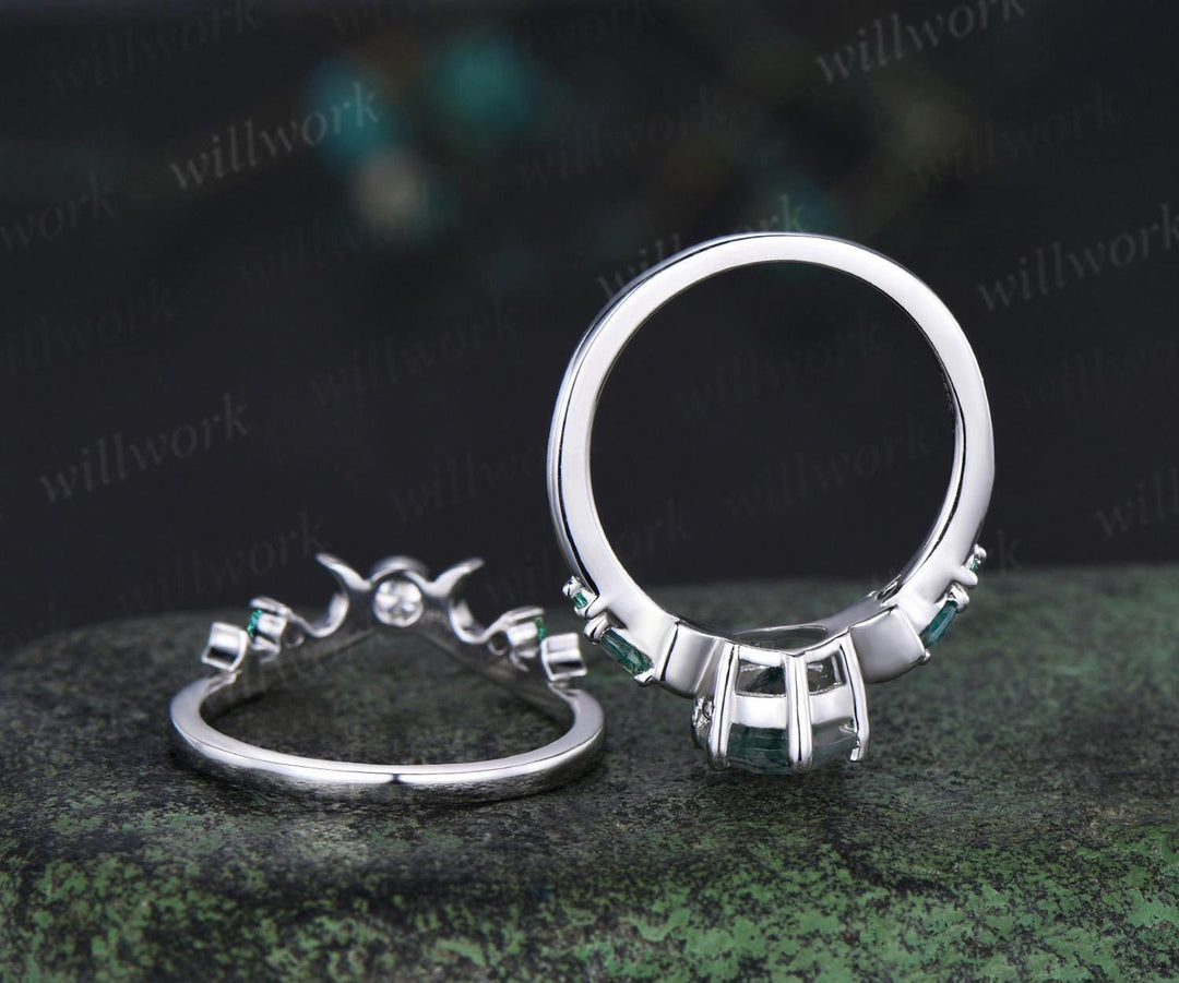 Round natural moss agate ring vintage white gold moon five stone unique engagement ring emerald bezel sun star ring jewelry