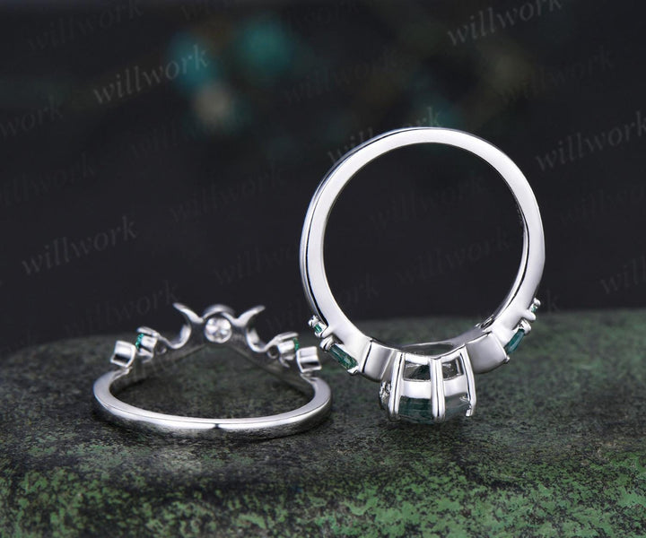 Round natural moss agate ring vintage white gold moon five stone unique engagement ring emerald bezel sun star ring jewelry