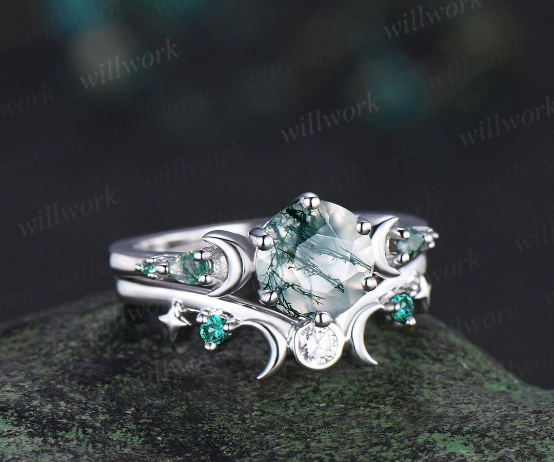Round natural moss agate ring vintage white gold moon five stone unique engagement ring emerald bezel sun star ring jewelry