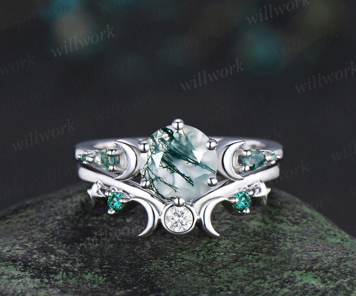 Round natural moss agate ring vintage white gold moon five stone unique engagement ring emerald bezel sun star ring jewelry