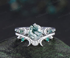 Round natural moss agate ring vintage white gold moon five stone unique engagement ring emerald bezel sun star ring jewelry