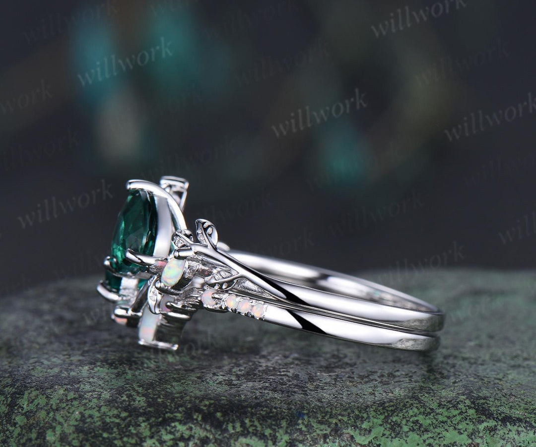 Double heart shaped emerald engagement ring set white gold  Toi et Moi ring opal leaf branch bridal set retro nature inspired anniversary gift