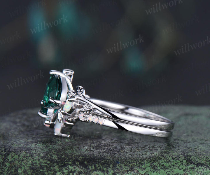 Double heart shaped emerald engagement ring set white gold  Toi et Moi ring opal leaf branch bridal set retro nature inspired anniversary gift