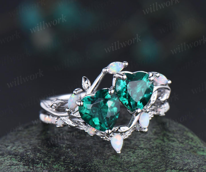Double heart shaped emerald engagement ring set white gold  Toi et Moi ring opal leaf branch bridal set retro nature inspired anniversary gift