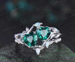 Double heart shaped emerald engagement ring set white gold  Toi et Moi ring opal leaf branch bridal set retro nature inspired anniversary gift
