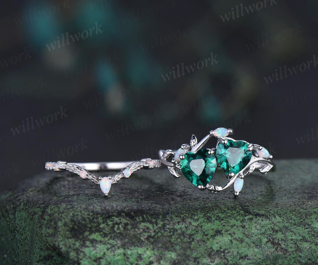 Double heart shaped emerald engagement ring set white gold  Toi et Moi ring opal leaf branch bridal set retro nature inspired anniversary gift