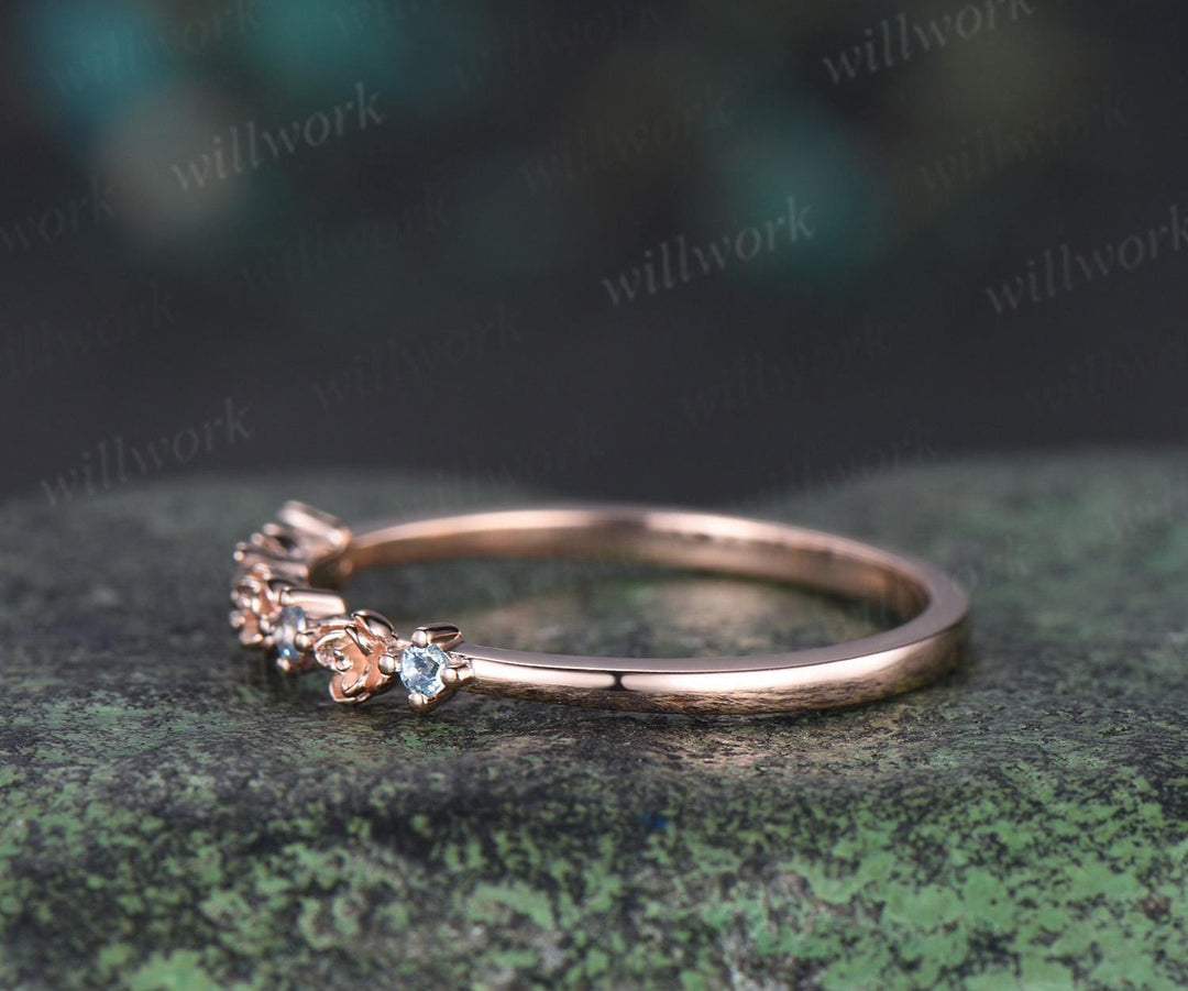 Dainty flower Aquamarine wedding band solid 14k rose gold stacking unique vintage floral ring women handmade anniversary ring gift