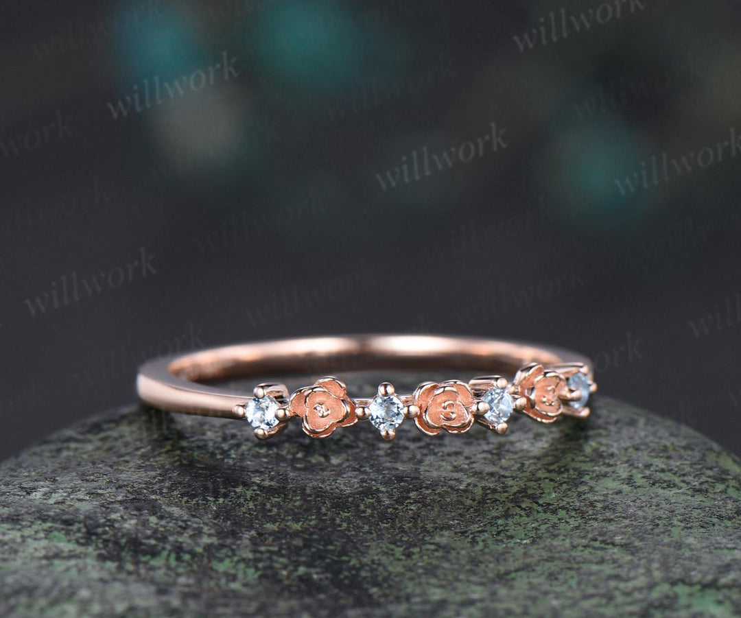 Dainty flower Aquamarine wedding band solid 14k rose gold stacking unique vintage floral ring women handmade anniversary ring gift