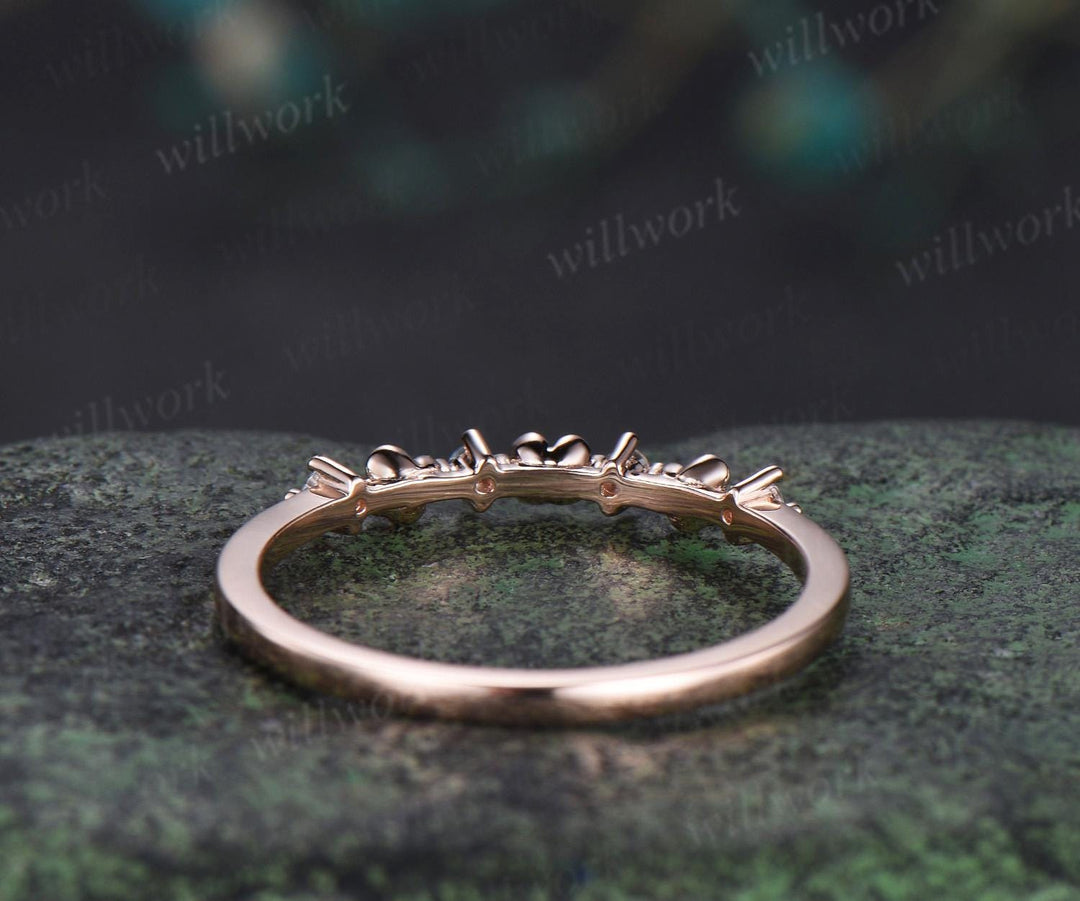 Dainty flower Aquamarine wedding band solid 14k rose gold stacking unique vintage floral ring women handmade anniversary ring gift