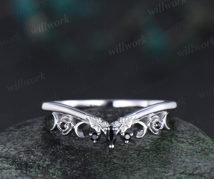 Curved black spinel wedding band solid 14k white gold five stone ring leaf flower moon wedding ring band women Personalized ring gift