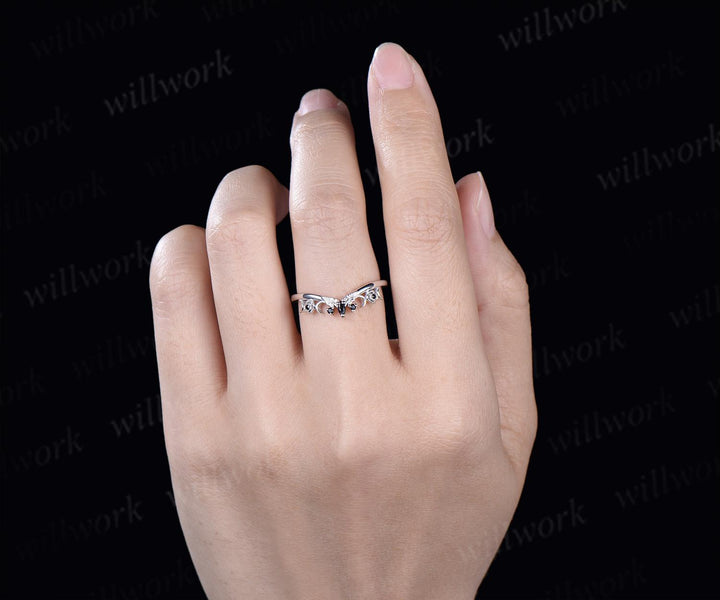 Curved black spinel wedding band solid 14k white gold five stone ring leaf flower moon wedding ring band women Personalized ring gift