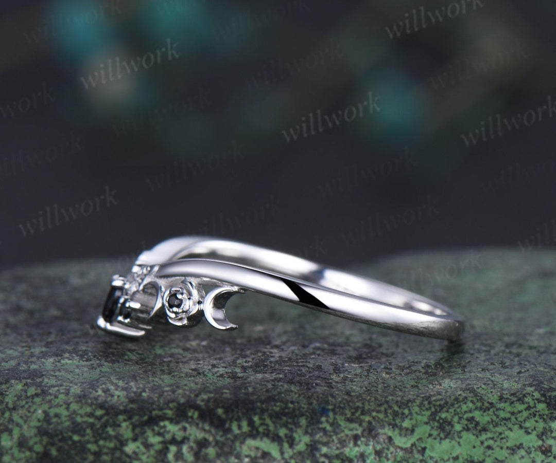 Curved black spinel wedding band solid 14k white gold five stone ring leaf flower moon wedding ring band women Personalized ring gift