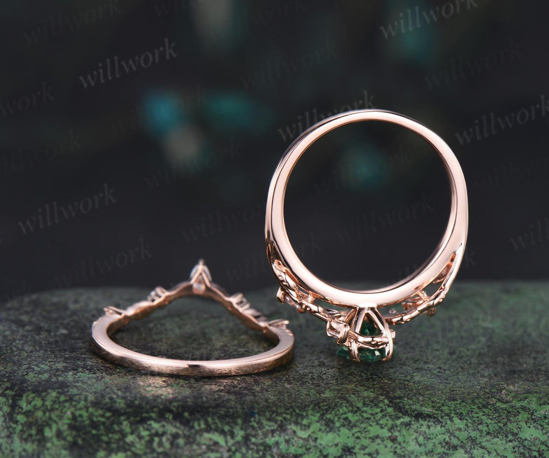 Vintage kite cut green sapphire engagement ring 14k rose gold leaf nature inspired  women unique cluster diamond promise wedding ring set