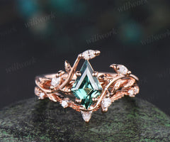 Vintage kite cut green sapphire engagement ring 14k rose gold leaf nature inspired  women unique cluster diamond promise wedding ring set