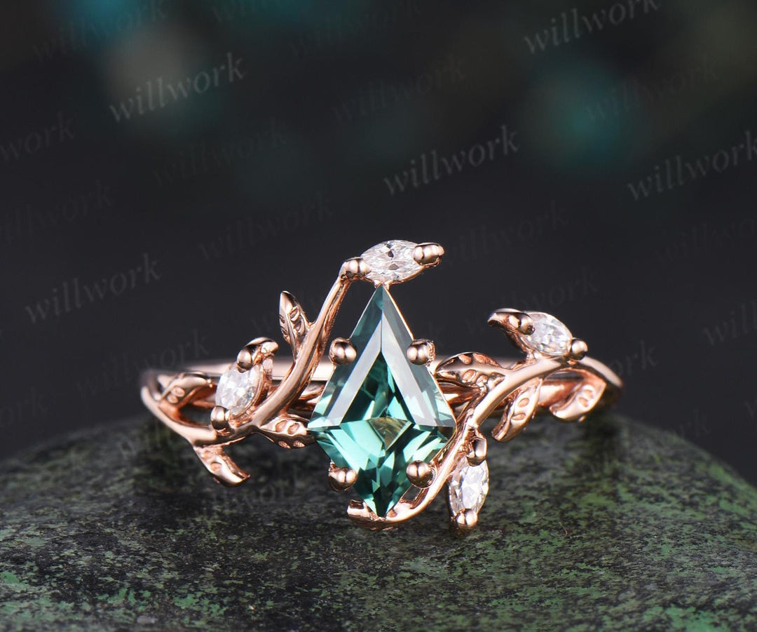 Vintage kite cut green sapphire engagement ring 14k rose gold leaf nature inspired  women unique cluster diamond promise wedding ring set