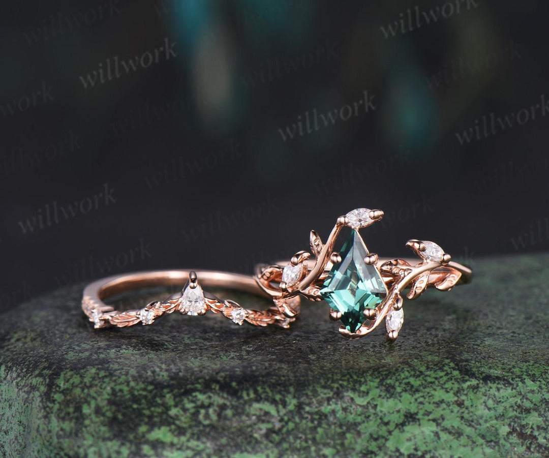 Vintage kite cut green sapphire engagement ring 14k rose gold leaf nature inspired  women unique cluster diamond promise wedding ring set