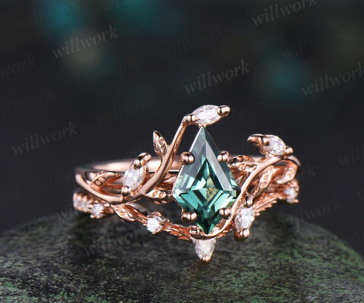 Vintage kite cut green sapphire engagement ring 14k rose gold leaf nature inspired  women unique cluster diamond promise wedding ring set