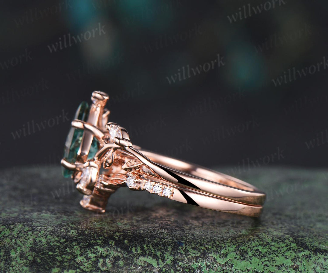 Vintage kite cut green sapphire engagement ring 14k rose gold leaf nature inspired  women unique cluster diamond promise wedding ring set