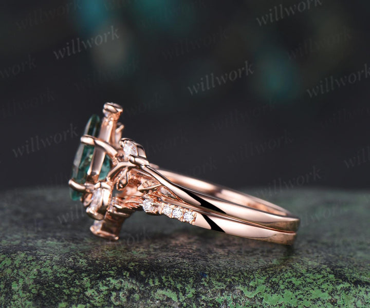 Vintage kite cut green sapphire engagement ring 14k rose gold leaf nature inspired  women unique cluster diamond promise wedding ring set