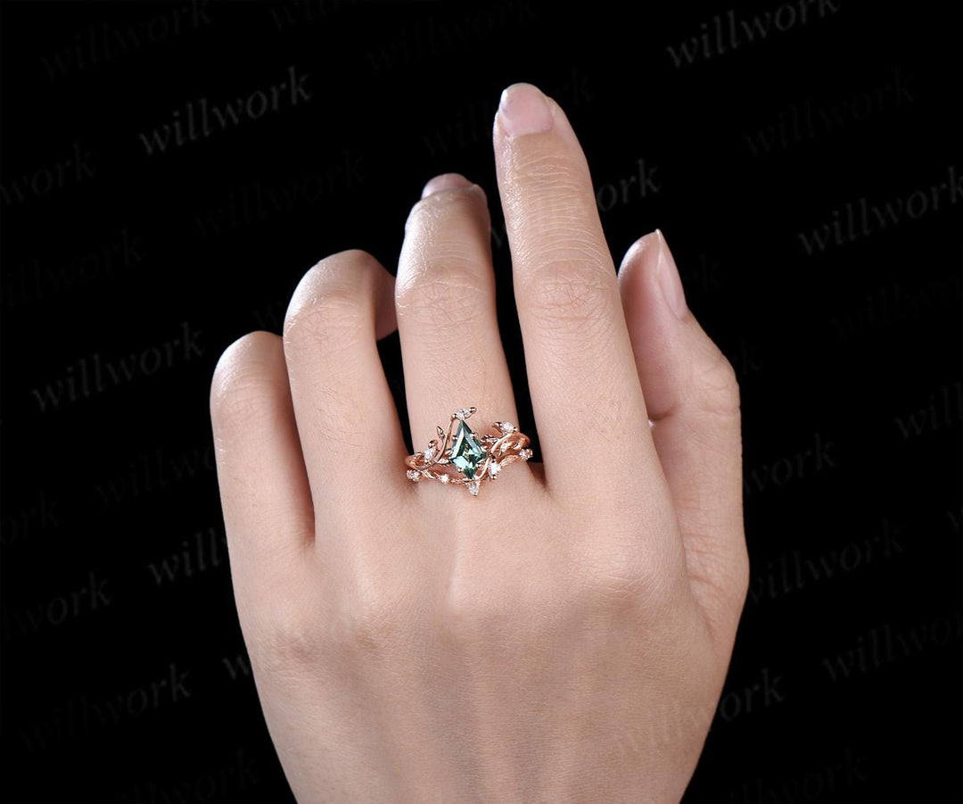 Vintage kite cut green sapphire engagement ring 14k rose gold leaf nature inspired  women unique cluster diamond promise wedding ring set