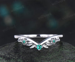 Leaf floral emerald curved wedding band solid 14k white gold nature inspired three stone stacking bridal anniversary ring women gift