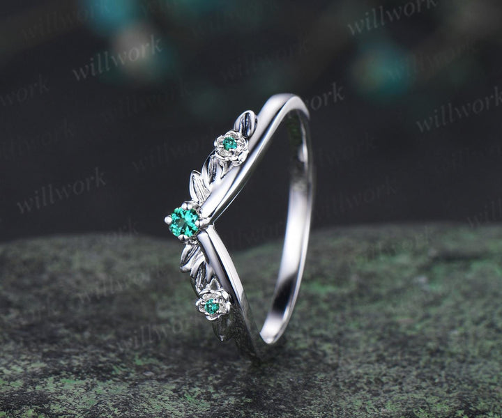 Leaf floral emerald curved wedding band solid 14k white gold nature inspired three stone stacking bridal anniversary ring women gift