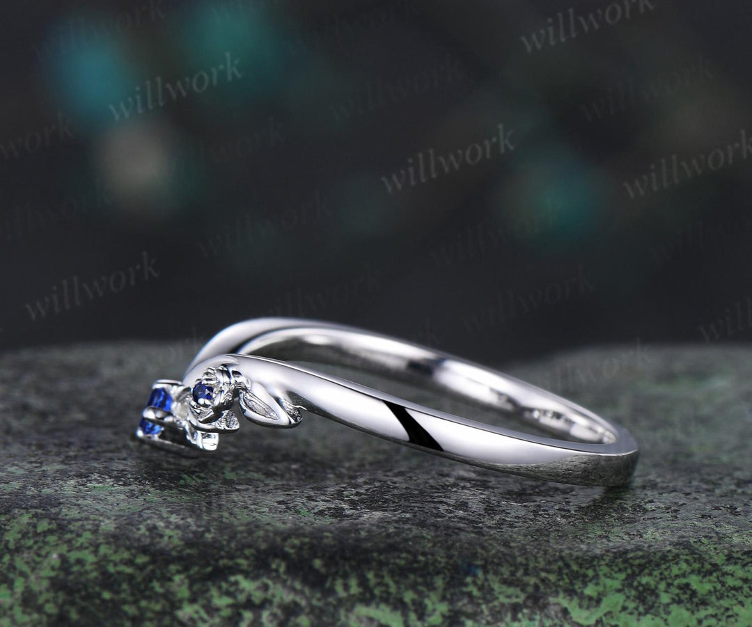 Leaf floral blue sapphire curved wedding band solid 14k white gold nature inspired three stone stacking bridal anniversary ring women gift