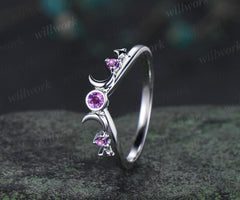 Moon star bezel amethyst curved wedding band solid 14k white gold sun three stone stacking dainty bridal anniversary ring women gift