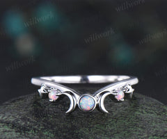 Moon star bezel white opal curved wedding band solid 14k white gold sun three stone stacking dainty bridal anniversary ring band women gift
