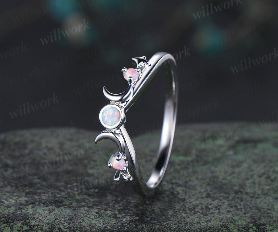Moon star bezel white opal curved wedding band solid 14k white gold sun three stone stacking dainty bridal anniversary ring band women gift