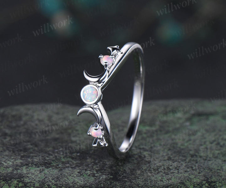 Moon star bezel white opal curved wedding band solid 14k white gold sun three stone stacking dainty bridal anniversary ring band women gift