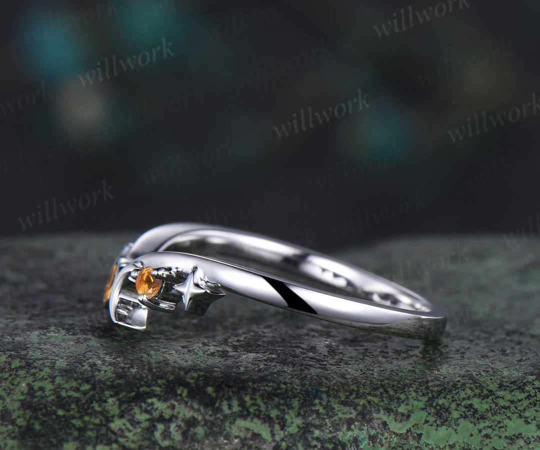 Moon star bezel yellow citrine curved wedding band solid 14k white gold sun three stone stacking crystal bridal anniversary ring women gift