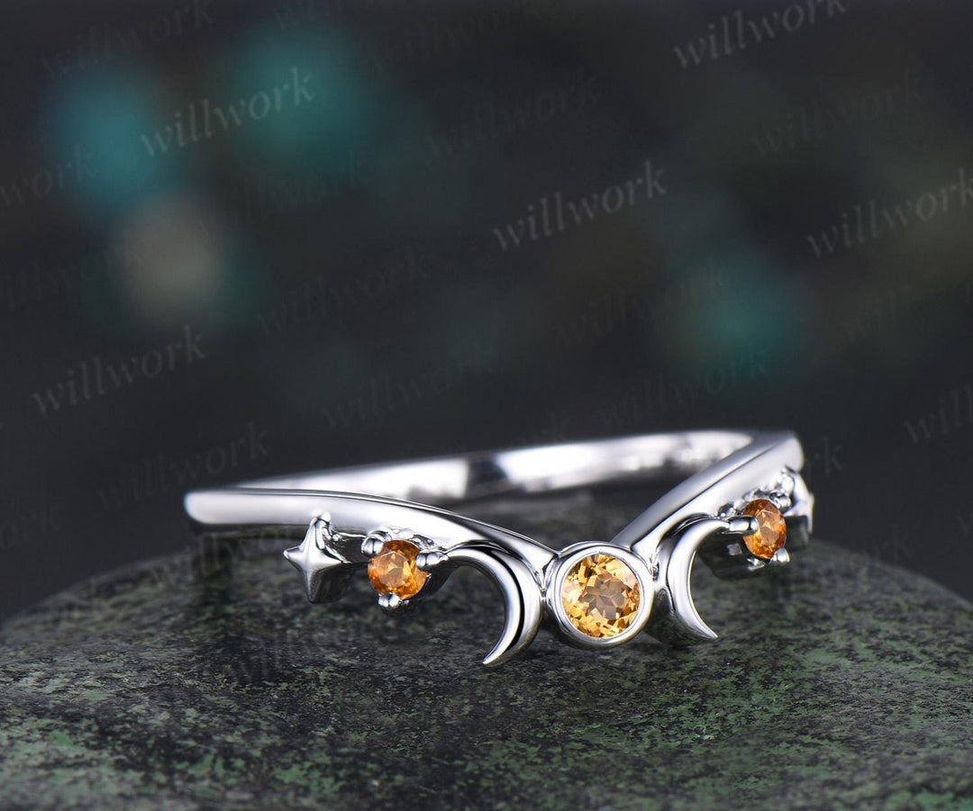 Moon star bezel yellow citrine curved wedding band solid 14k white gold sun three stone stacking crystal bridal anniversary ring women gift