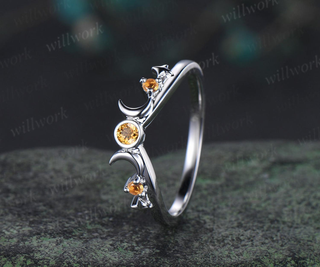 Moon star bezel yellow citrine curved wedding band solid 14k white gold sun three stone stacking crystal bridal anniversary ring women gift