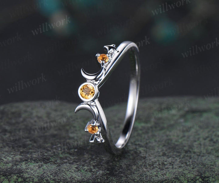 Moon star bezel yellow citrine curved wedding band solid 14k white gold sun three stone stacking crystal bridal anniversary ring women gift