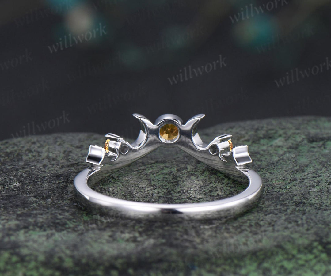 Moon star bezel yellow citrine curved wedding band solid 14k white gold sun three stone stacking crystal bridal anniversary ring women gift