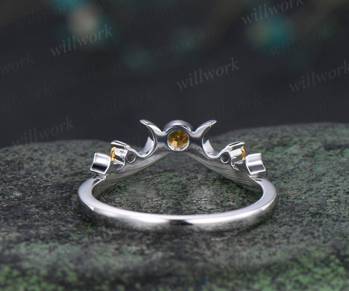 Moon star bezel yellow citrine curved wedding band solid 14k white gold sun three stone stacking crystal bridal anniversary ring women gift