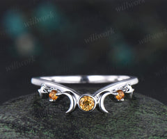 Moon star bezel yellow citrine curved wedding band solid 14k white gold sun three stone stacking crystal bridal anniversary ring women gift