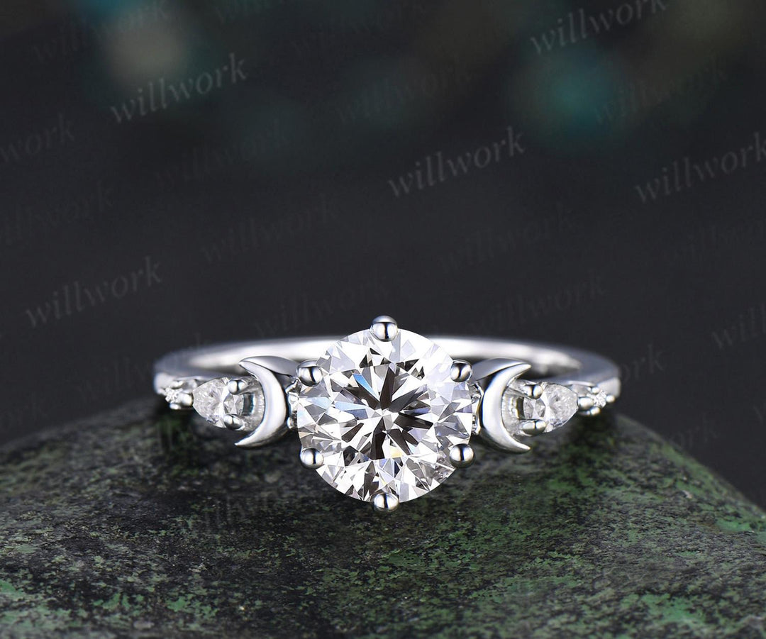 Vintage round IGI lab grown diamond engagement ring set white gold sun moon star moissanite ring unique promise wedding ring women jewelry