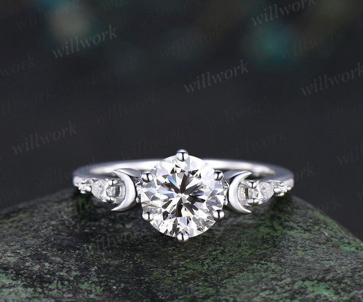 Vintage round IGI lab grown diamond engagement ring set white gold sun moon star moissanite ring unique promise wedding ring women jewelry