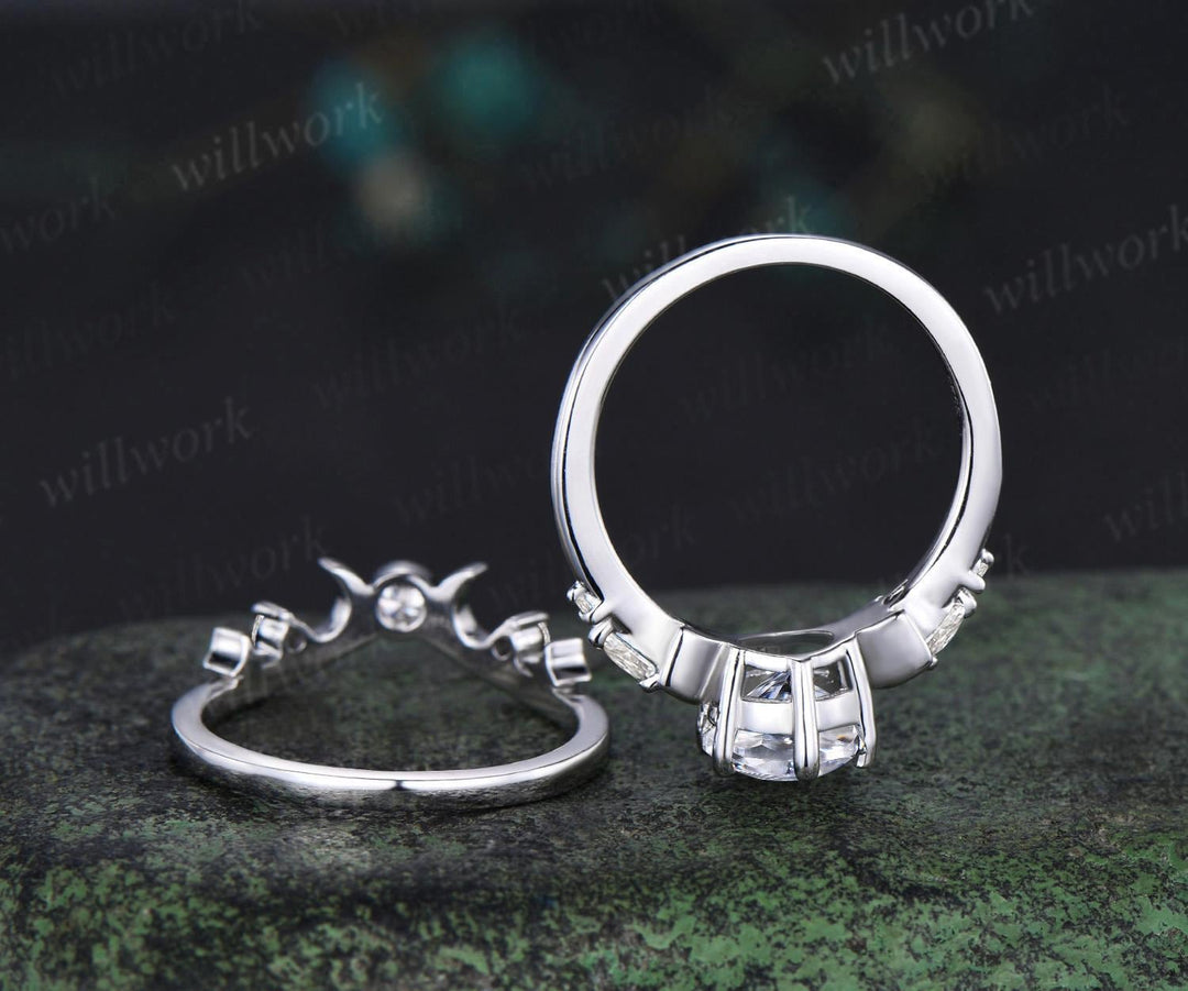 Vintage round IGI lab grown diamond engagement ring set white gold sun moon star moissanite ring unique promise wedding ring women jewelry