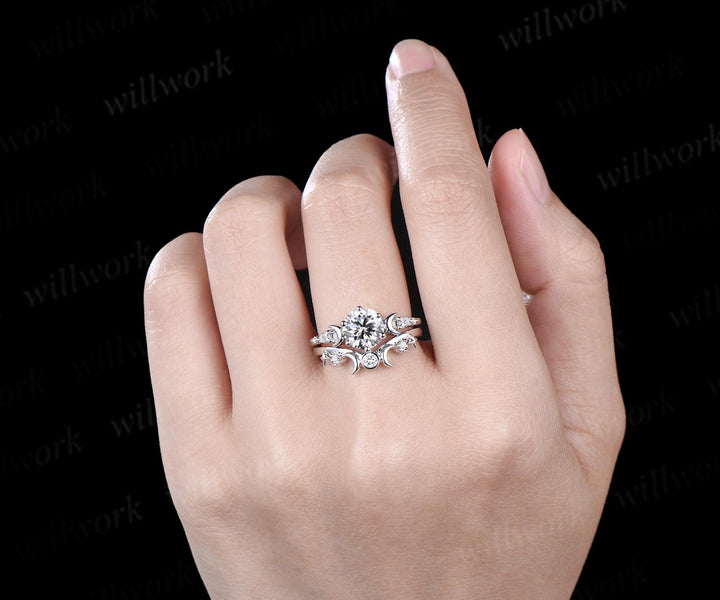 Vintage round IGI lab grown diamond engagement ring set white gold sun moon star moissanite ring unique promise wedding ring women jewelry