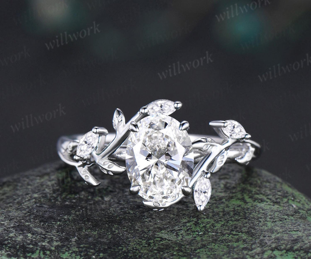 Vintage oval IGI lab grown diamond engagement ring set white gold leaf floral cluster moissanite ring unique promise wedding ring women jewelry